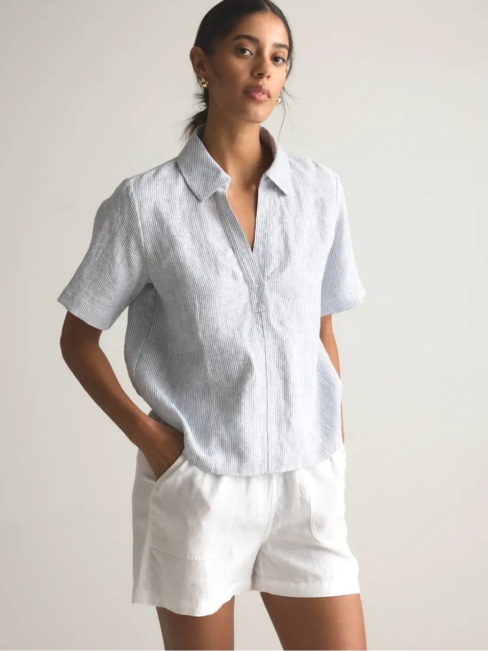 Quince 100% European Linen Short Sleeve Popover Top Blue Pinstripe S